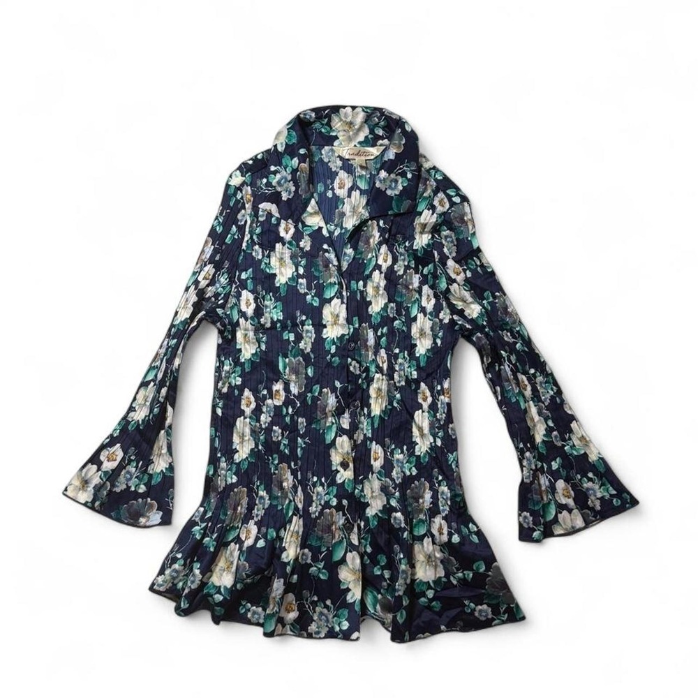 Vintage 90s Tradition Navy Blue Floral Liquid Satin Pleated Blouse